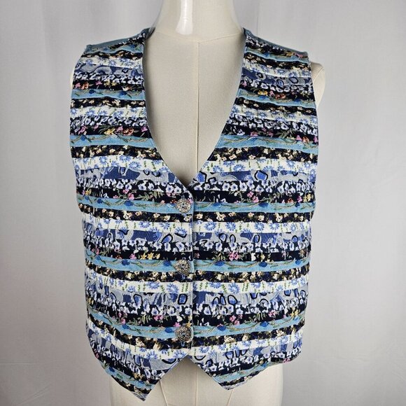 Vintage Boho Cottagecore Large Floral Patchwork Stripes Vest Embroidered Blue - Picture 2 of 9